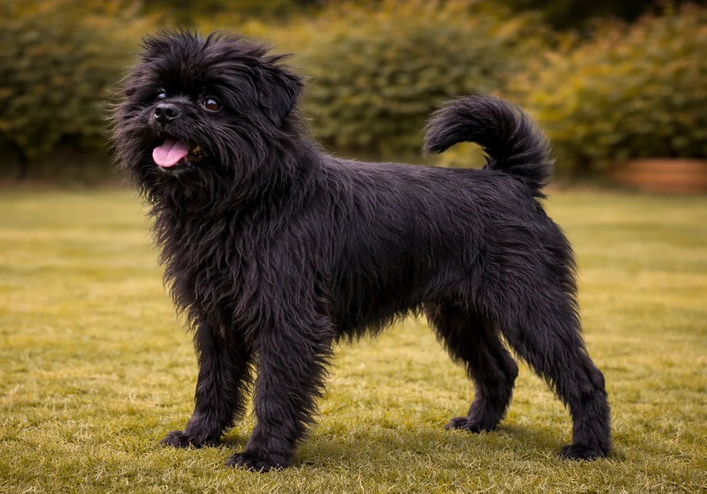 Bah&ccedil;ede ayakta duran bir Affenpinscher k&ouml;pek