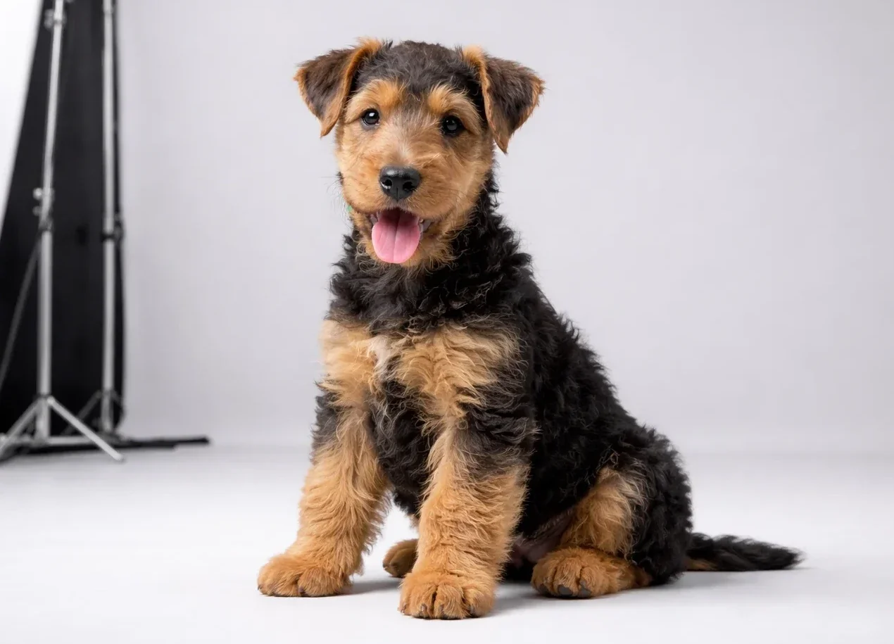 Oturduğu yerden kameraya bakan bir airedale terrier yavrusu