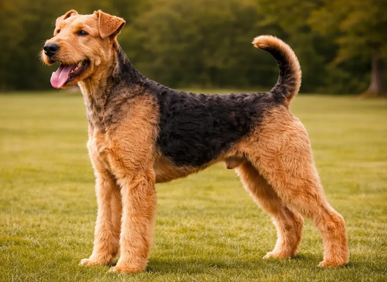 &Ccedil;imlerin &uuml;st&uuml;nde ayakta sol tarafa bakan bir Airedale terrier