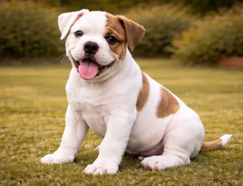 Bahçede oturduğu yerden kameraya bakan bir amerikan bulldog yavrusu