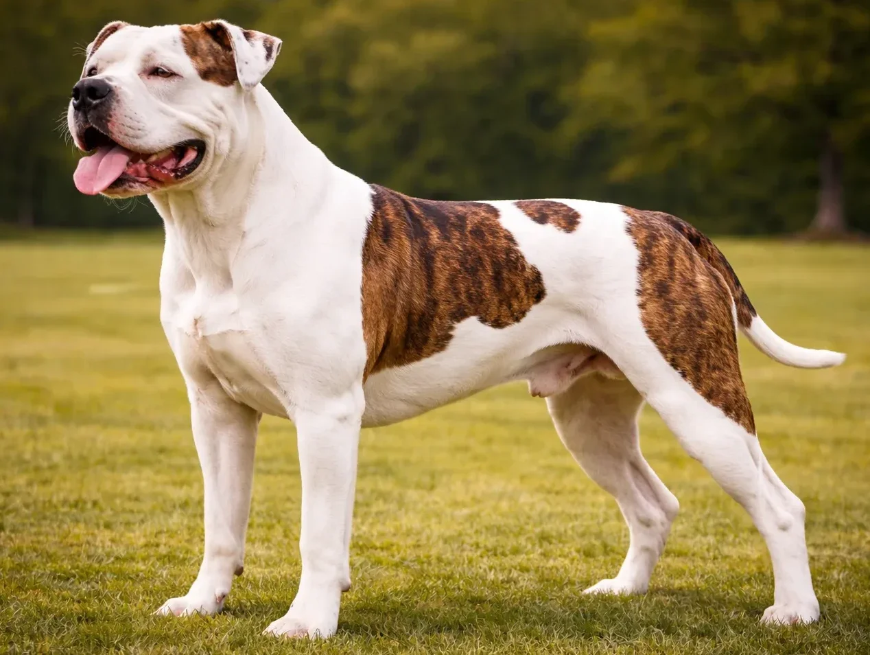 &Ccedil;imlerde ayakta duran ve sol tarafa bakan bir amerikan bulldog