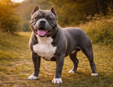 Patikada ayakta duran ve kameraya bakan bir Amerikan Bully köpek