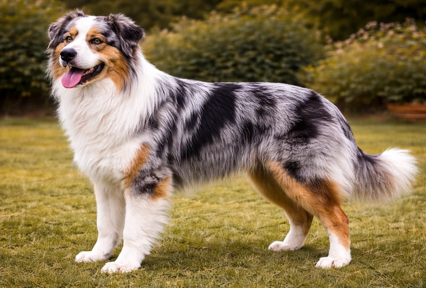 Bah&ccedil;ede ayakta duran ve sol tarafa bakan bir avustralya &ccedil;oban k&ouml;peği