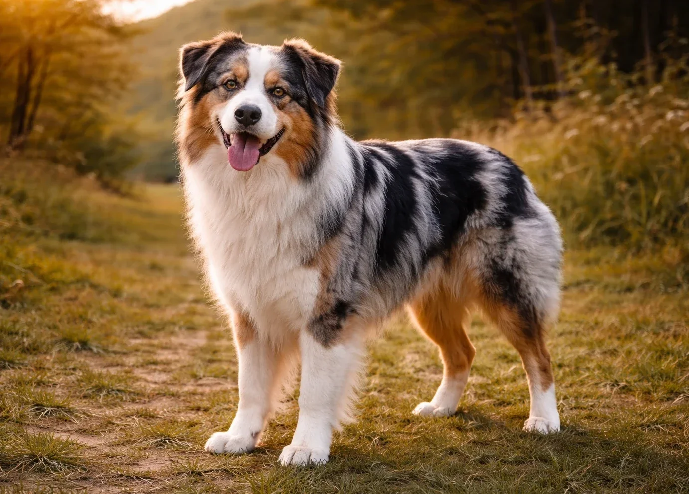 Patikada ayakta duran ve kameraya bakan bir avustralya &ccedil;oban k&ouml;peği