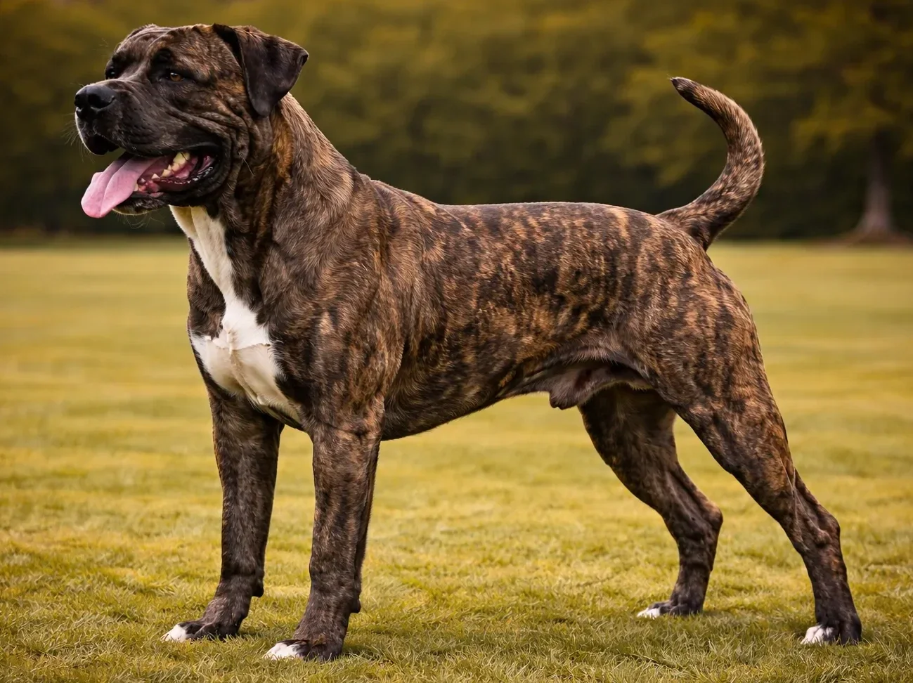 &Ccedil;imlerde ayakta duran ve sol tarafa bakan bir bandog mastif k&ouml;pek