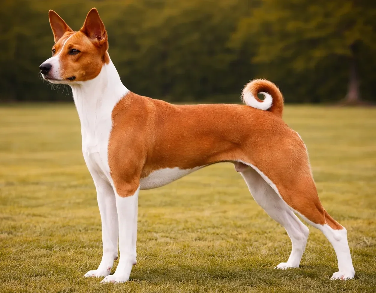 &Ccedil;imlerde ayakta duran ve sol tarafa bakan bir Basenji K&ouml;pek