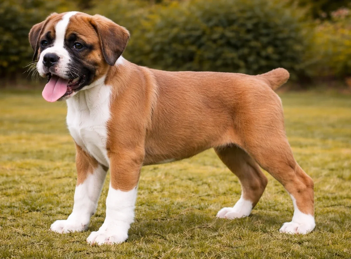 Bah&ccedil;ede ayakta duran ve sol tarafa bakan bir boxer k&ouml;pek yavrusu