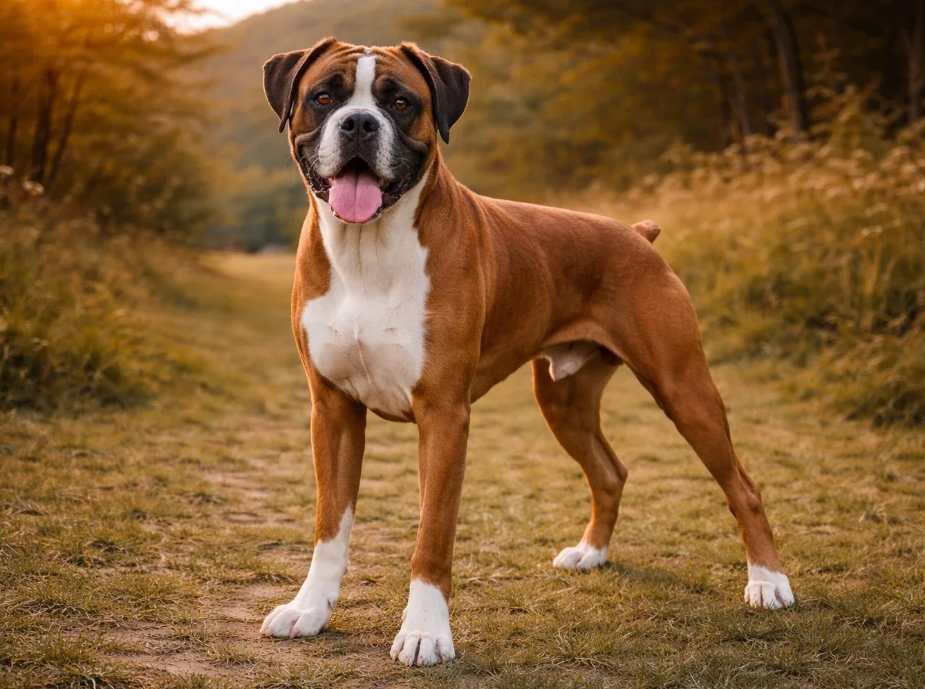 Patikada ayakta duran ve kameraya bakan bir boxer k&ouml;pek