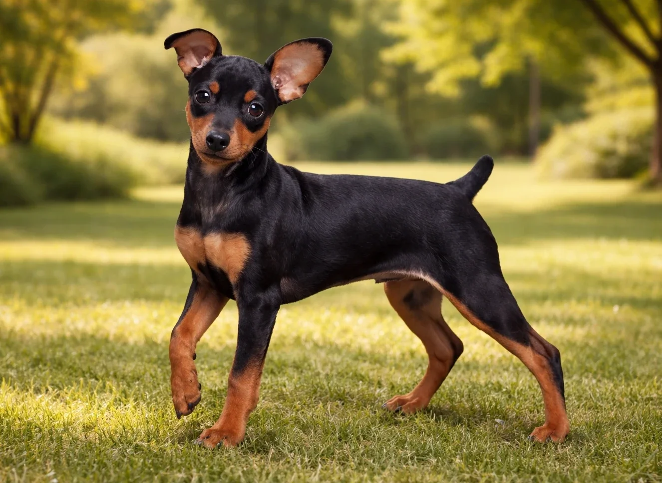 Doğada ayakta durarak kameraya bakan pincher k&ouml;pek