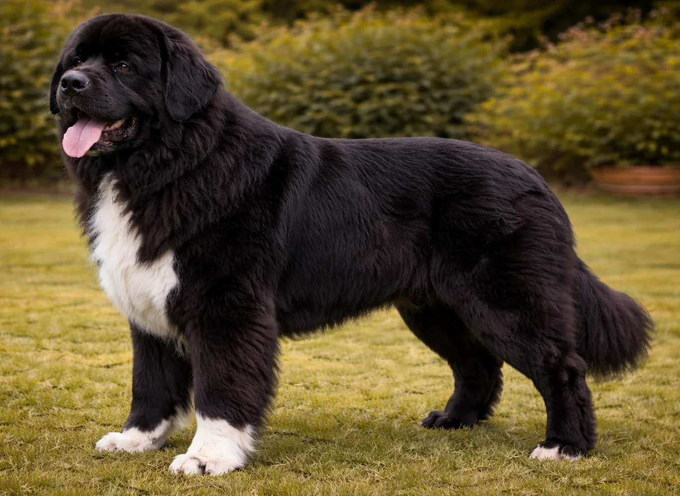 Bah&ccedil;ede ayakta duran ve sol tarafa bakan bir newfoundland k&ouml;pek
