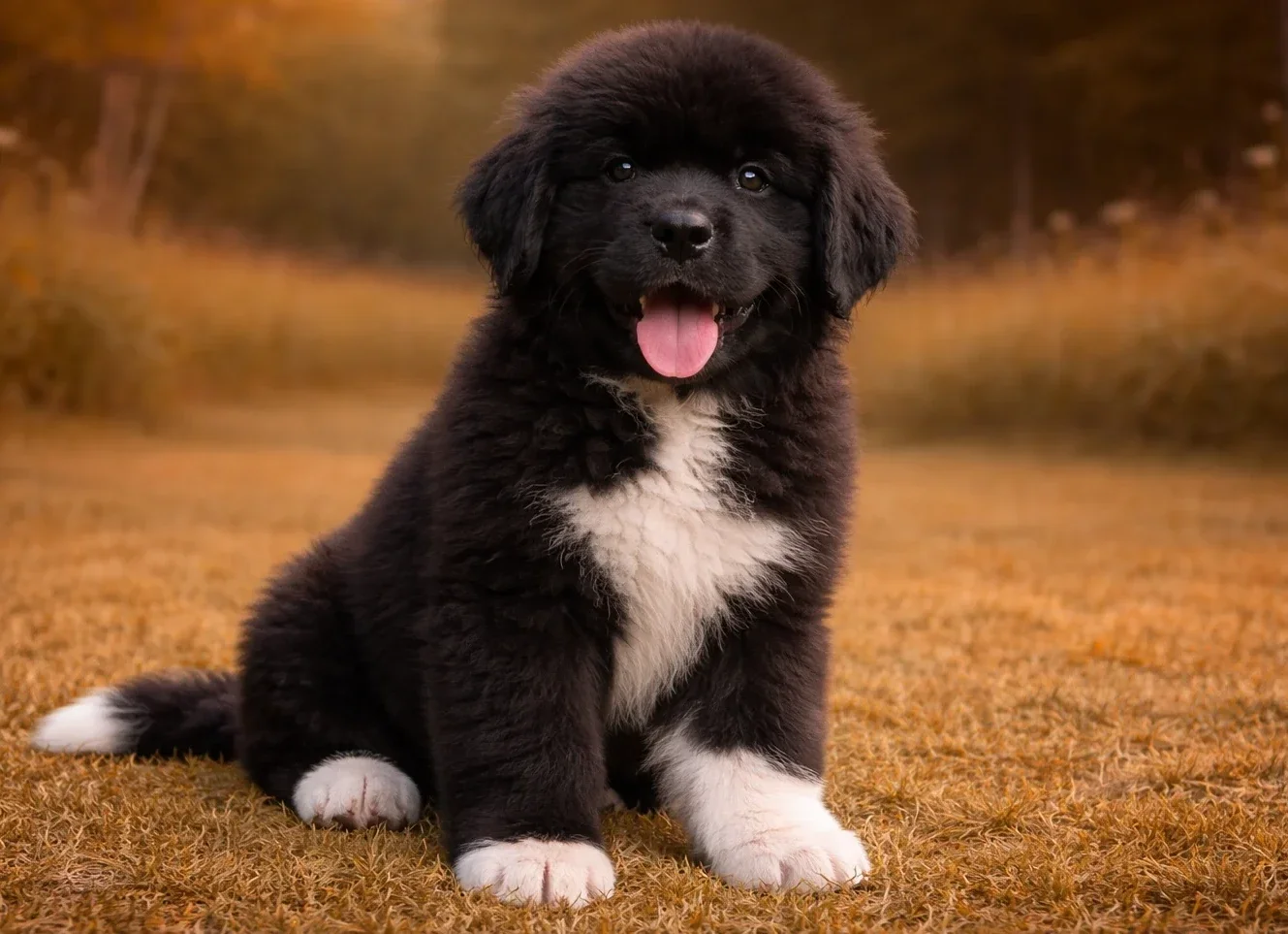 &Ccedil;ayırda oturduğu yerden kameraya bakan bir Newfoundland k&ouml;pek yavrusu
