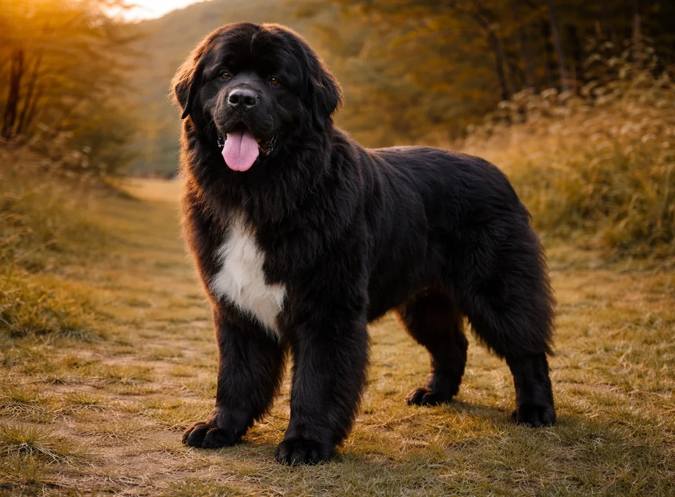 Patikada ayakta duran ve kameraya bakan bir newfoundland k&ouml;pek