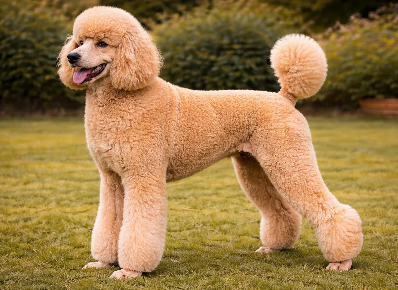 Bah&ccedil;ede ayakta duran ve sol tarafa bakan bir dev poodle k&ouml;pek