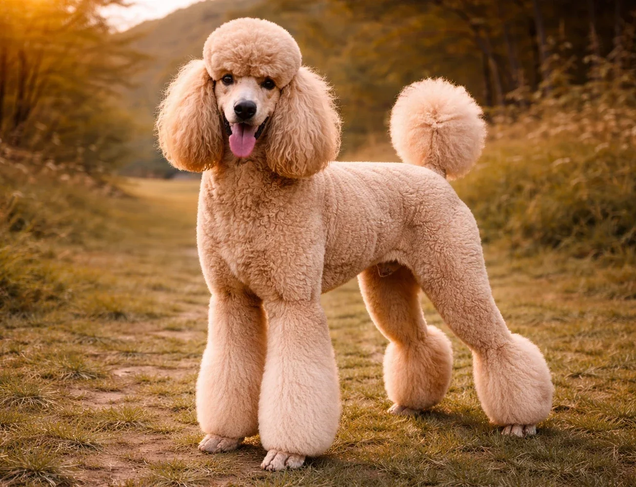 Patikada ayakta duran ve kameraya bakan bir dev poodle k&ouml;pek