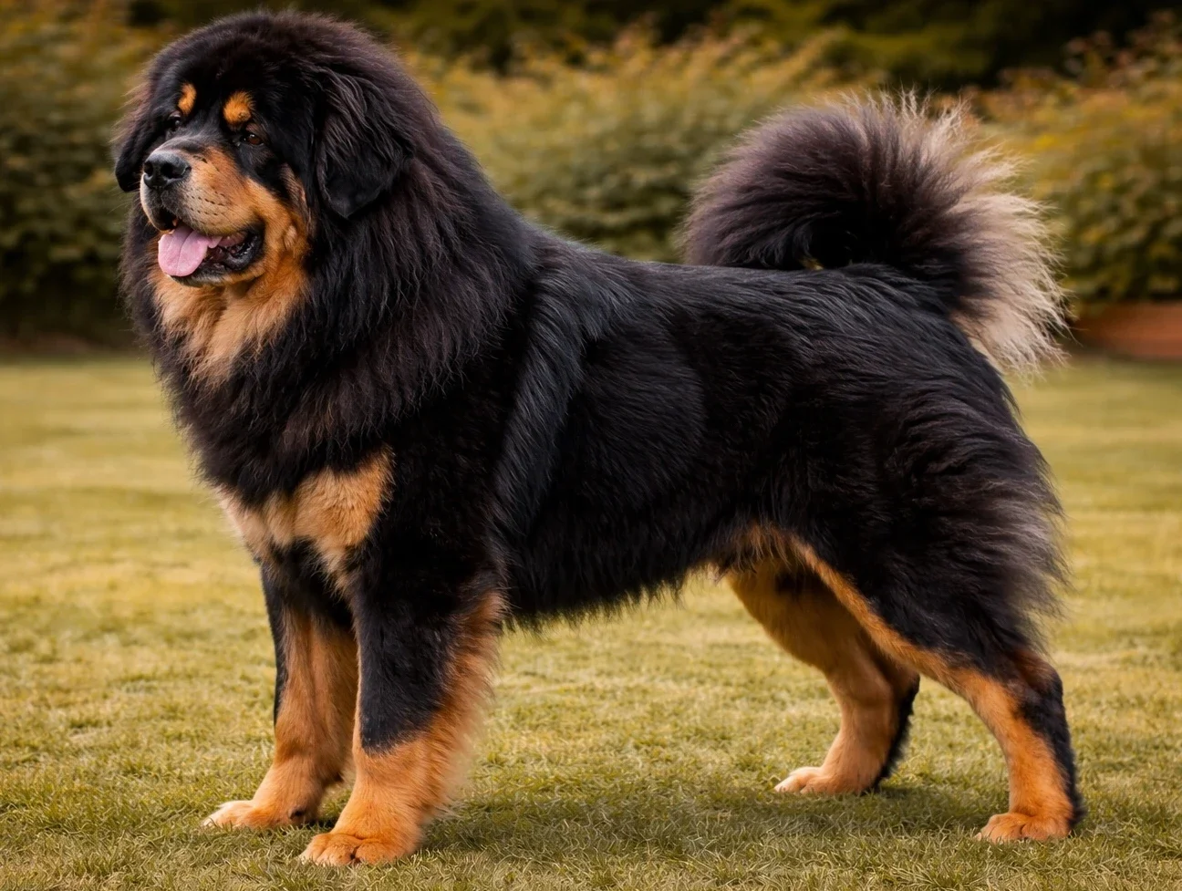 Bah&ccedil;ede ayakta sol tarafa bakan bir tibet mastifi k&ouml;pek