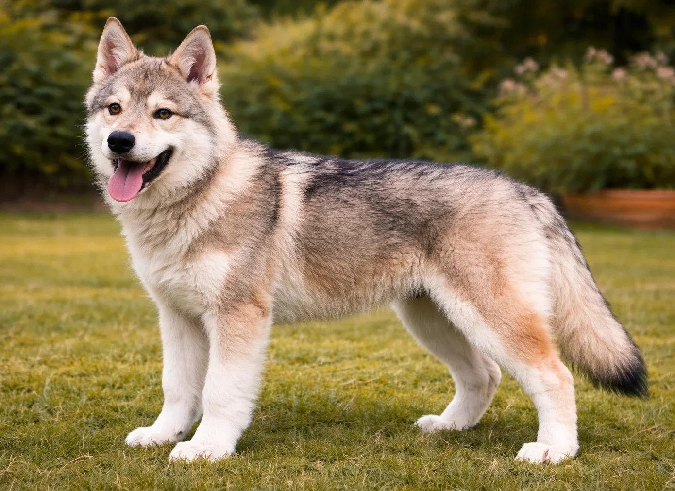 Bah&ccedil;ede ayakta duran ve sol tarafa bakan bir Wolfdog k&ouml;pek