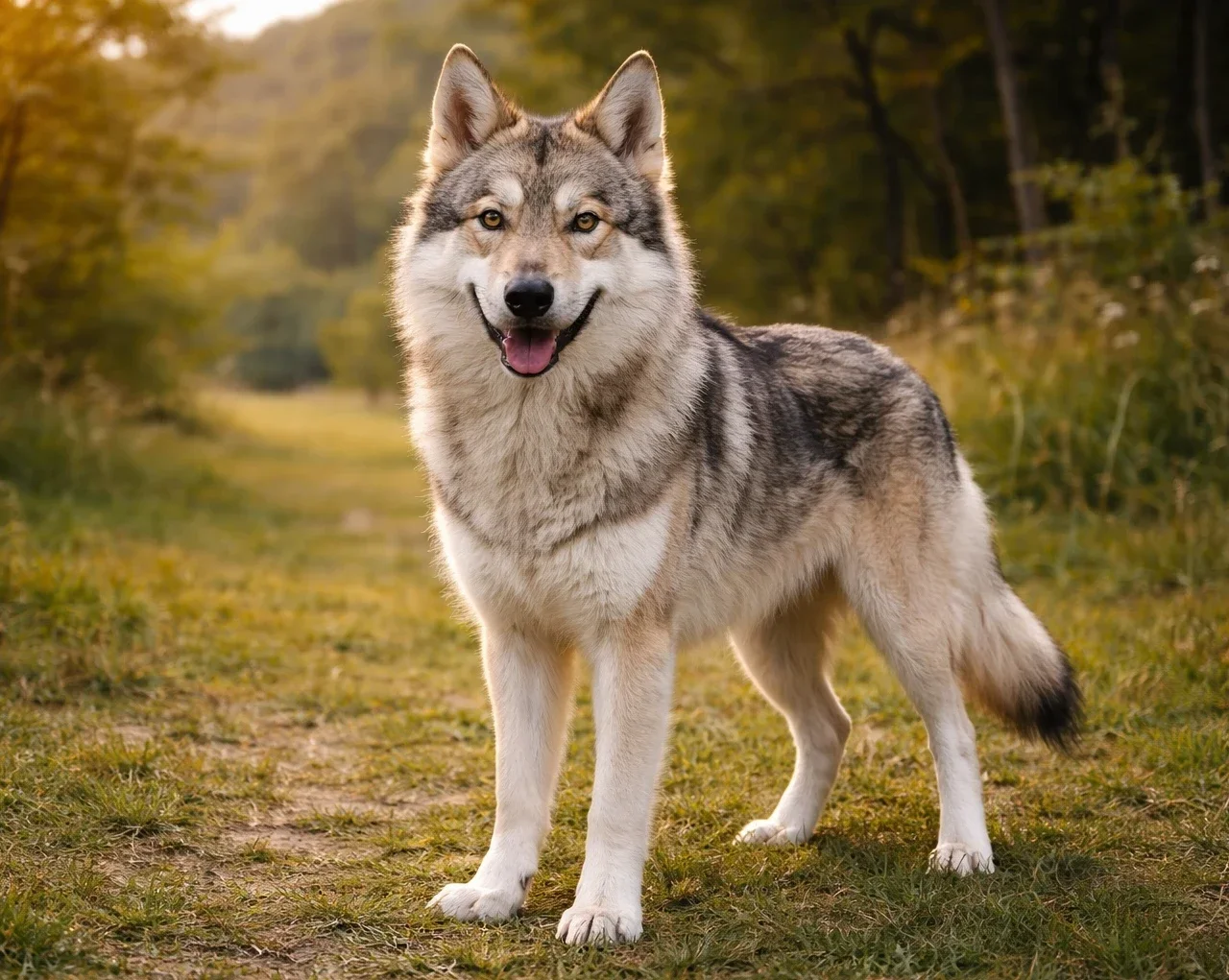 Doğada ayakta duran ve kameraya bakan bir Wolfdog