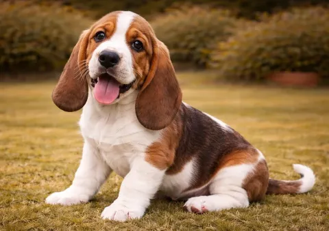 Bahçede oturduğu yerden kameraya bakan bir basset hound yavrusu