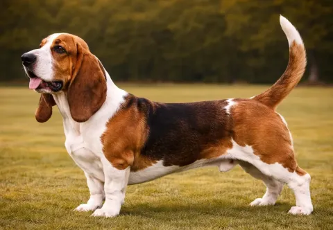 Çimlerde ayakta duran ve sol tarafa bakan bir basset hound
