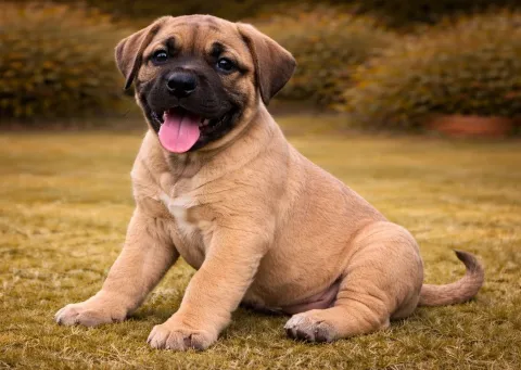 Bahçede oturduğu yerden kameraya bakan bir boerboel yavru