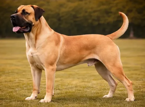 Çimlerde ayakta duran ve sol tarafa bakan bir boerboel köpek