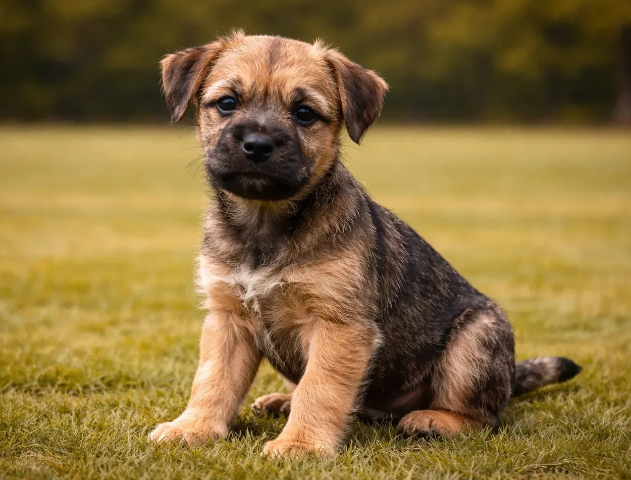 &Ccedil;imlerde oturan ve kameraya bakan bir border terrier yavrusu