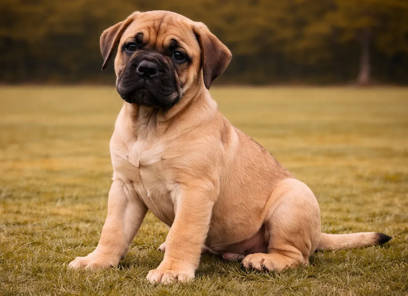 &Ccedil;imlerde oturduğu yerden kameraya bakan bir bullmastiff yavrusu
