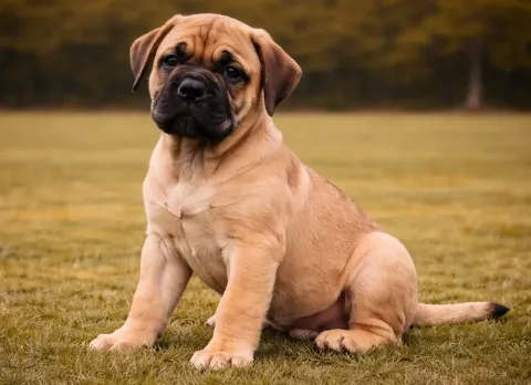 Çimlerde oturduğu yerden kameraya bakan bir bullmastiff yavrusu