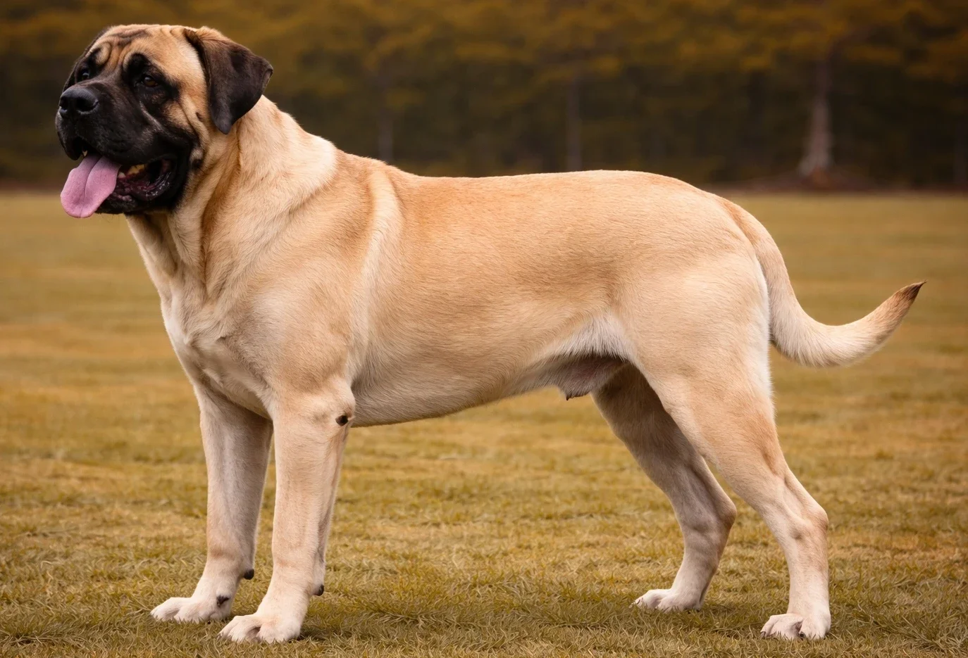Bah&ccedil;ede ayakta duran ve sol tarafa bakan bir ingiliz mastiff k&ouml;pek
