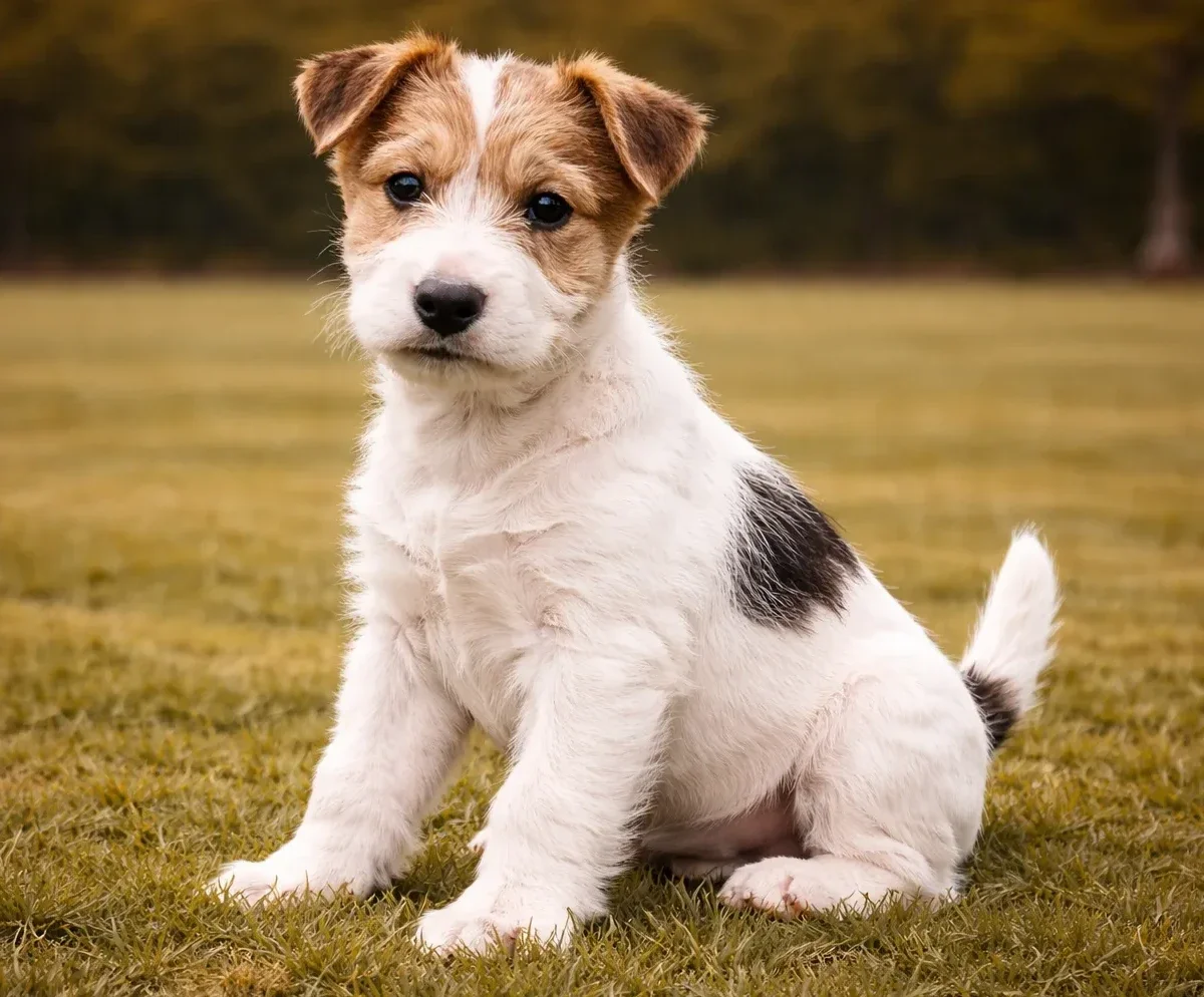 &Ccedil;imlerde oturduğu yerden kameraya bakan bir fox terrier yavrusu