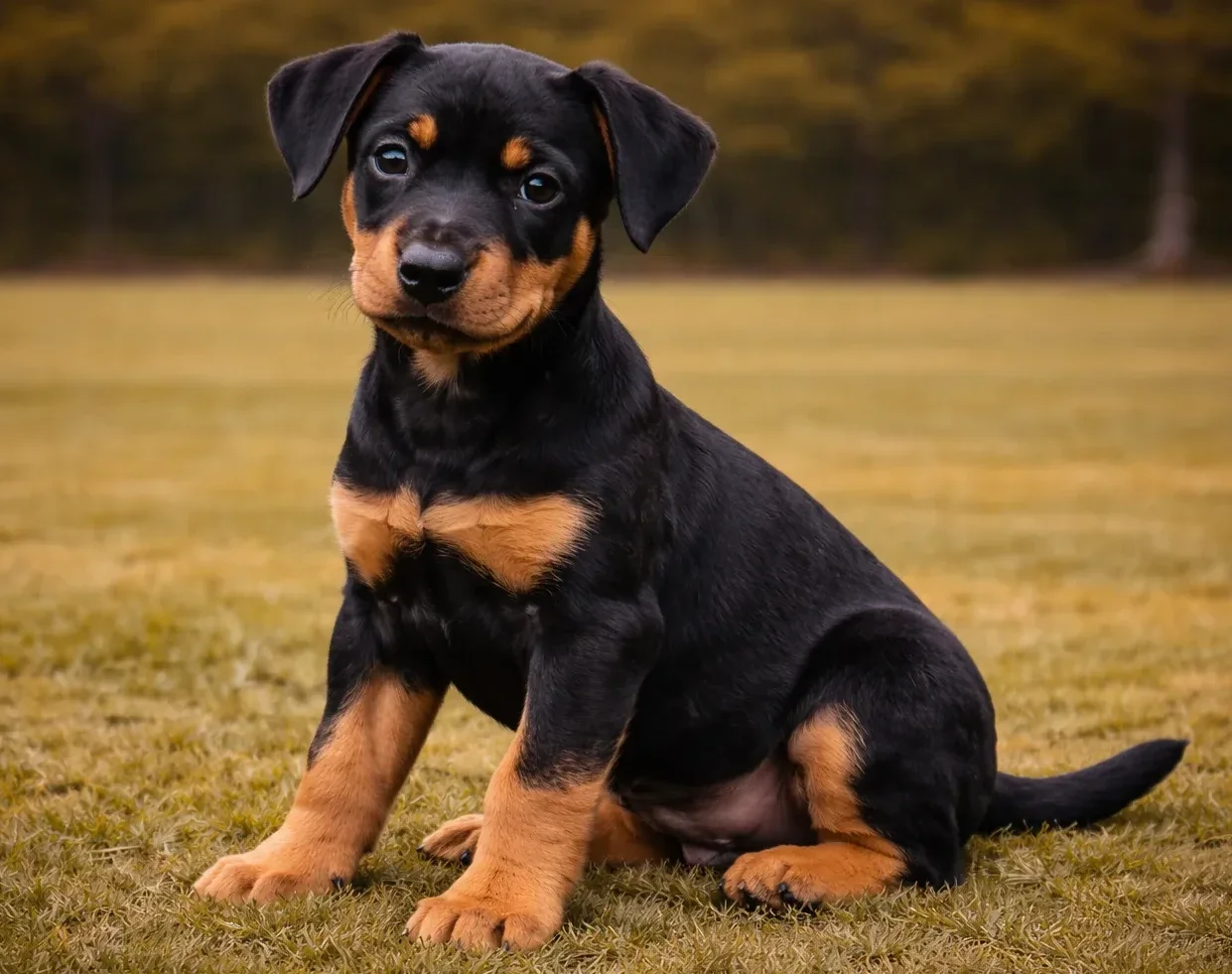 &Ccedil;imlerde oturan ve kameraya bakan bir pinscher yavrusu