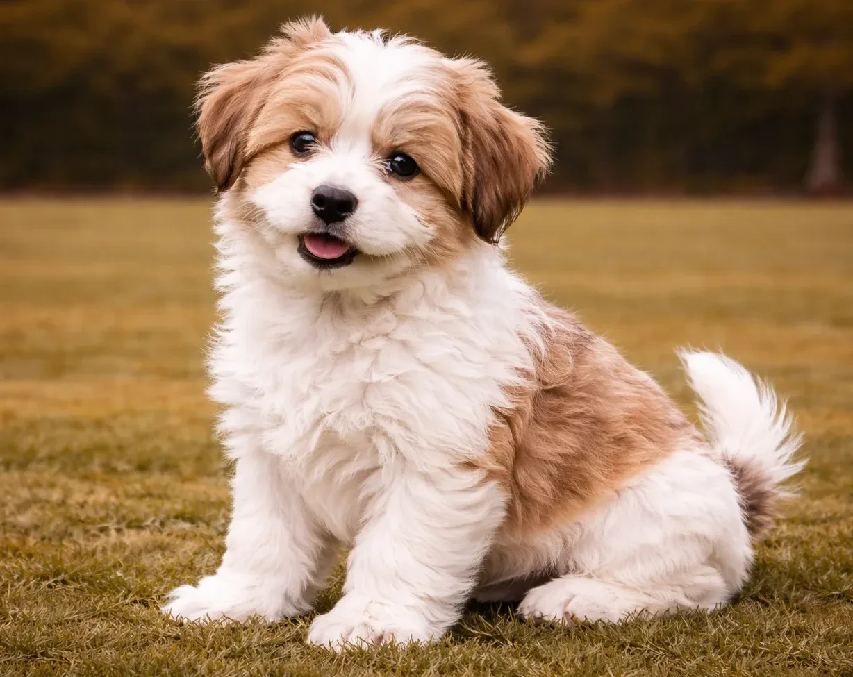&Ccedil;imlerde oturduğu yerden kameraya bakan bir havanese yavrusu