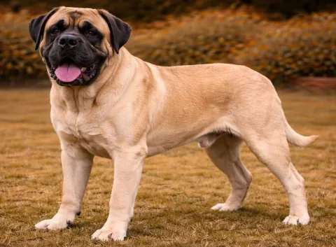 Bahçede ayakta duran ve kameraya bakan bir ingiliz mastiff