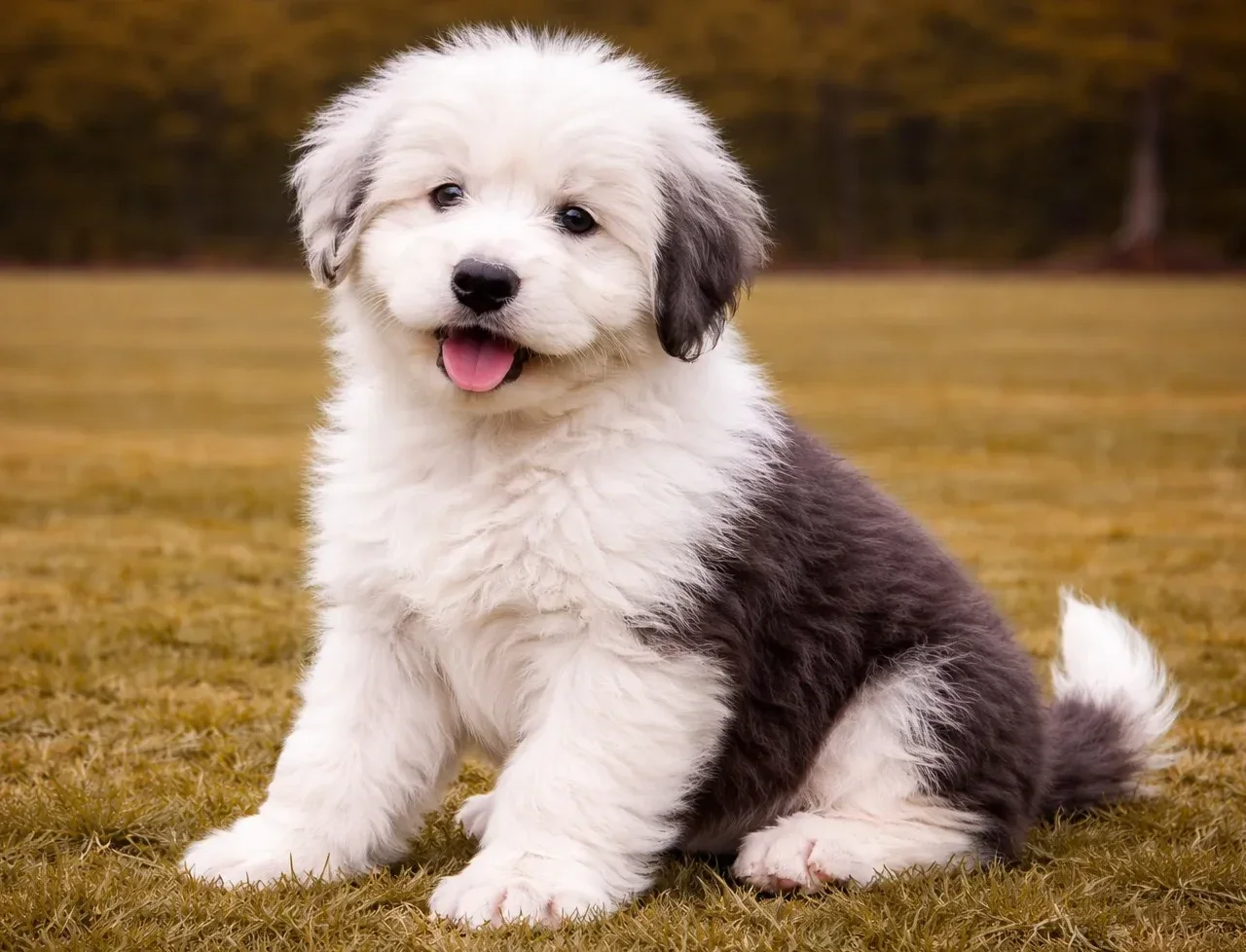 &Ccedil;imlerde oturduğu yerden kameraya bakan bir ingiliz &ccedil;oban k&ouml;peği yavrusu