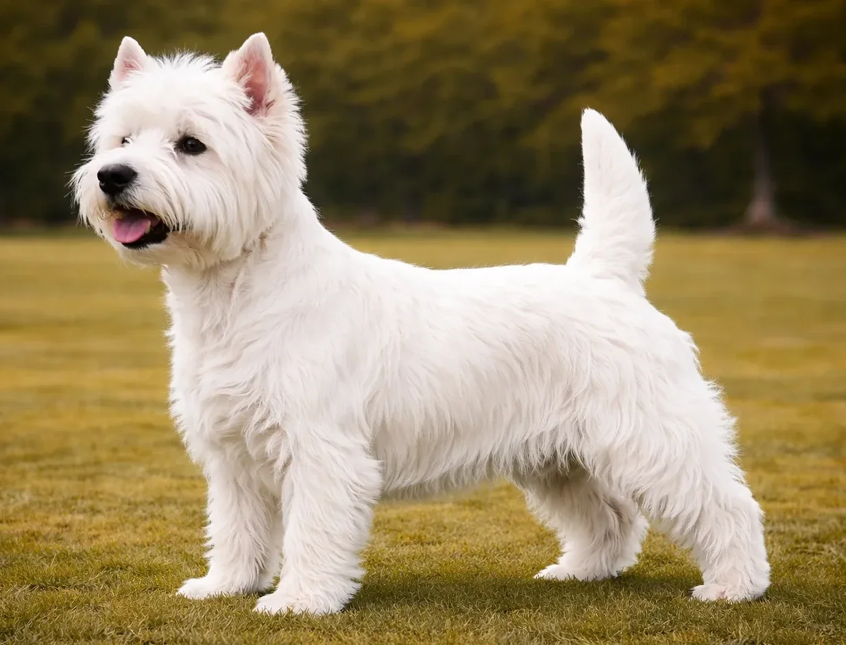 &Ccedil;imlerde ayakta duran ve sol tarafa bakan bir west highland beyaz teriyeri k&ouml;pek