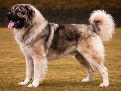 Çimlerde ayakta duran bir kafkas çoban köpeği