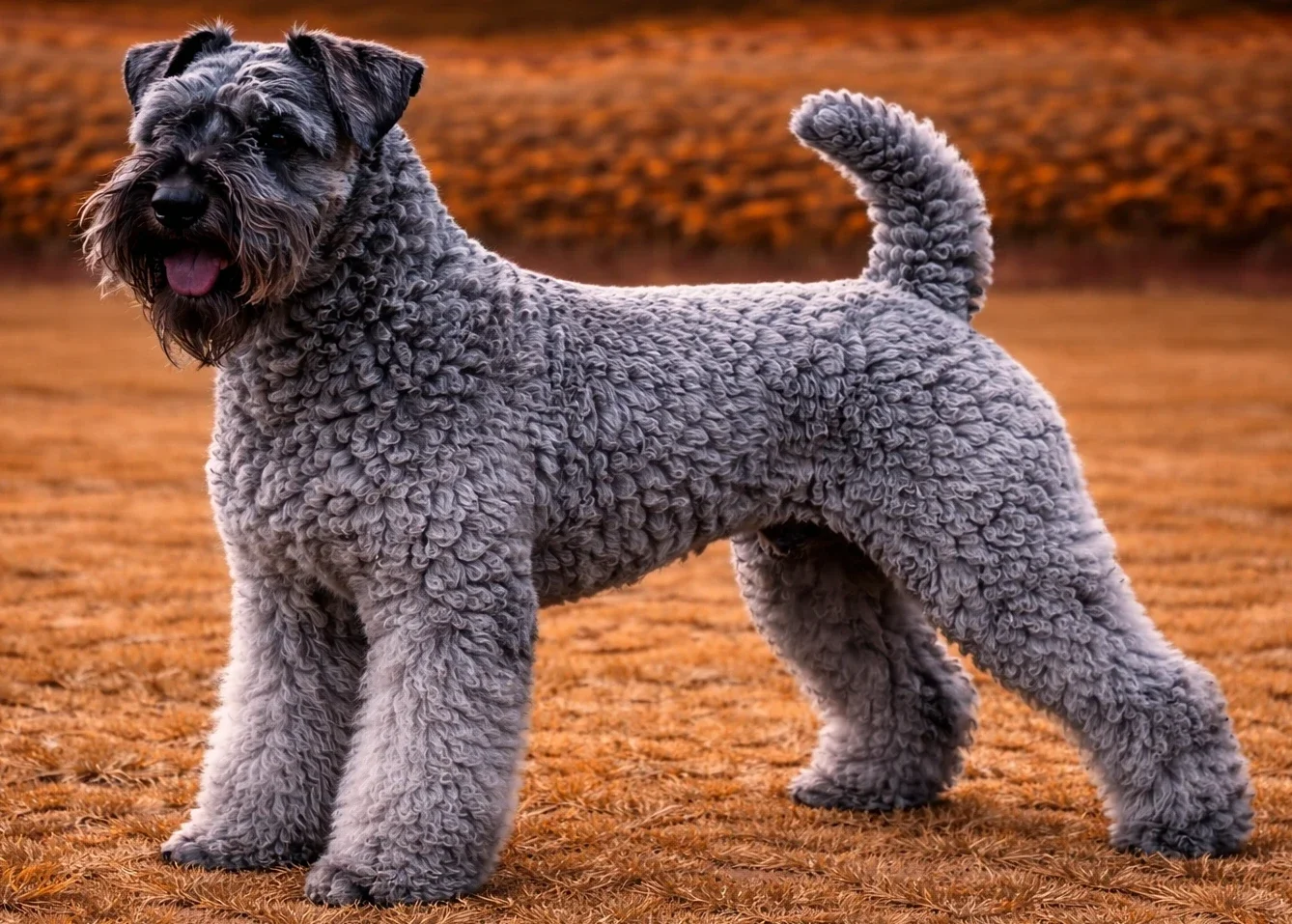 Bah&ccedil;ede ayakta duran ve sol tarafa bakan bir kerry blue terrier