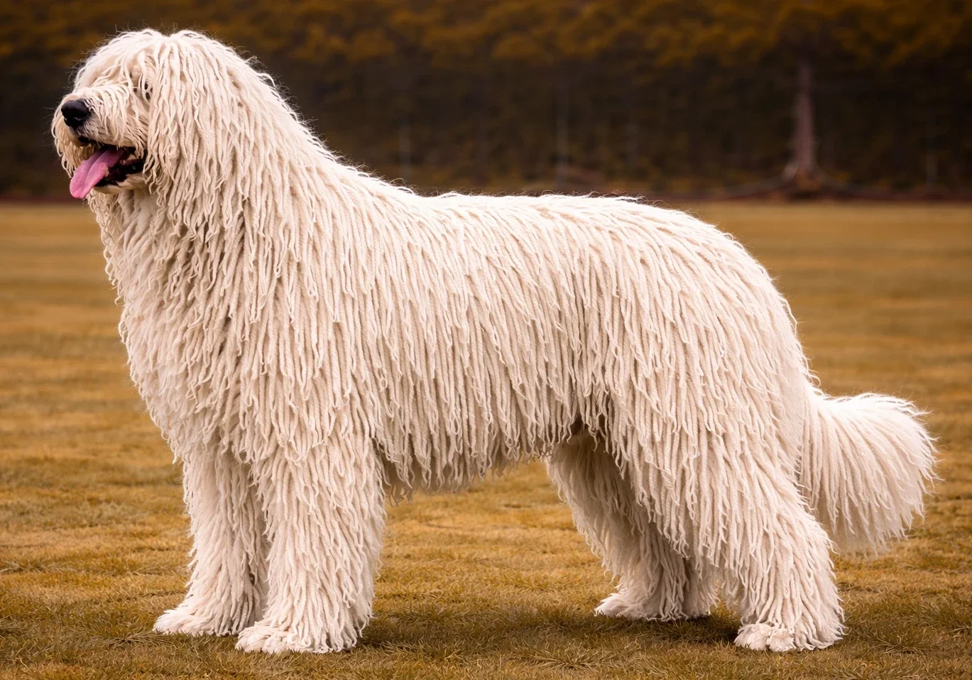 &Ccedil;imlerde ayakta duran ve sol tarafa bakan bir komondor