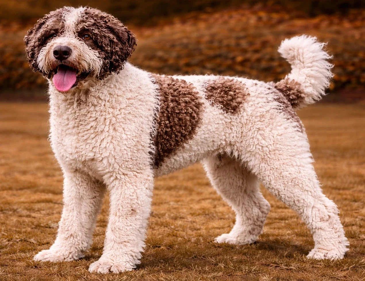 Bah&ccedil;ede ayakta duran ve kameraya bakan bir lagotto romagnolo k&ouml;pek