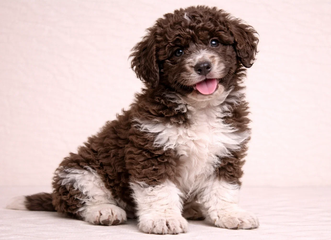 Oturduğu yerden kameraya bakan bir lagotto romagnolo yavrusu