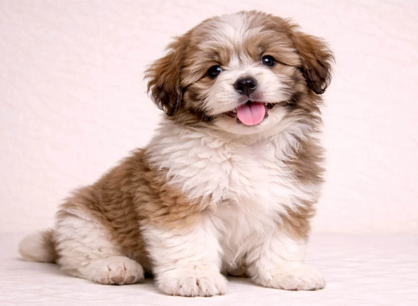 Oturduğu yerden kameraya bakan bir lhasa apso yavrusu