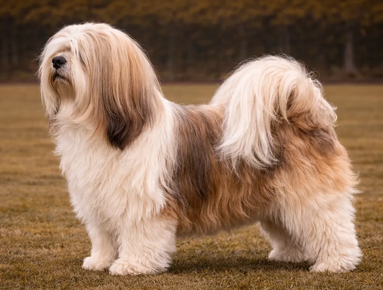 &Ccedil;imlerde ayakta duran ve sol tarafa bakan bir lhasa apso