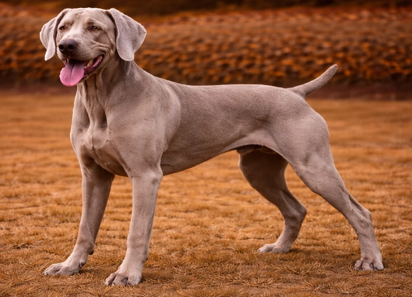 Bah&ccedil;ede ayakta duran ve sol tarafa bakan bir weimaraner k&ouml;pek