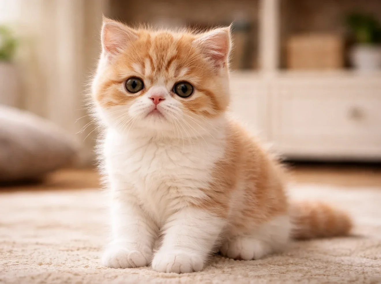 Ev ortamında oturduğu yerden kameraya bakan bir exotic shorthair yavrusu