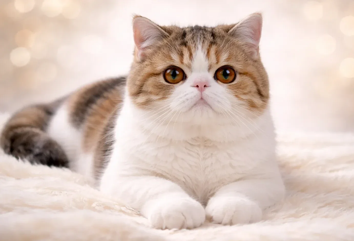 Yattığı yerden kameraya bakan bir exotic shorthair kedisi