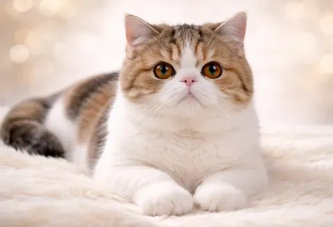 Yattığı yerden kameraya bakan bir Exotic Shorthair kedisi