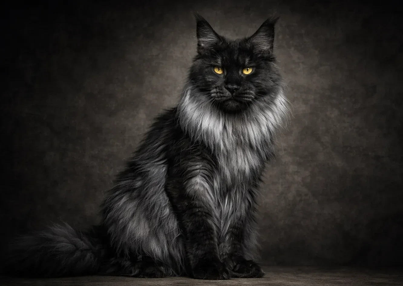 Oturduğu yerden kameraya bakan bir maine coon