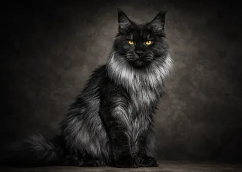 Oturduğu yerden kameraya bakan bir Maine Coon