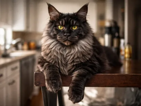 Ev ortamında yattığı yerden kameraya bakan bir Maine Coon