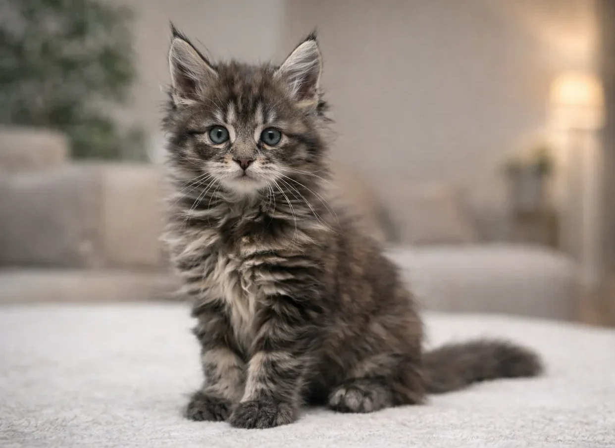Ev ortamında oturduğu yerden kameraya bakan bir maine coon yavrusu